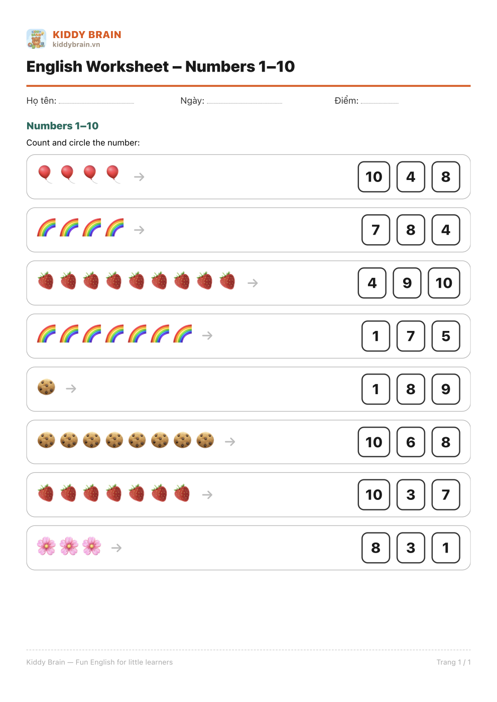 Mẫu phiếu Numbers 1–10