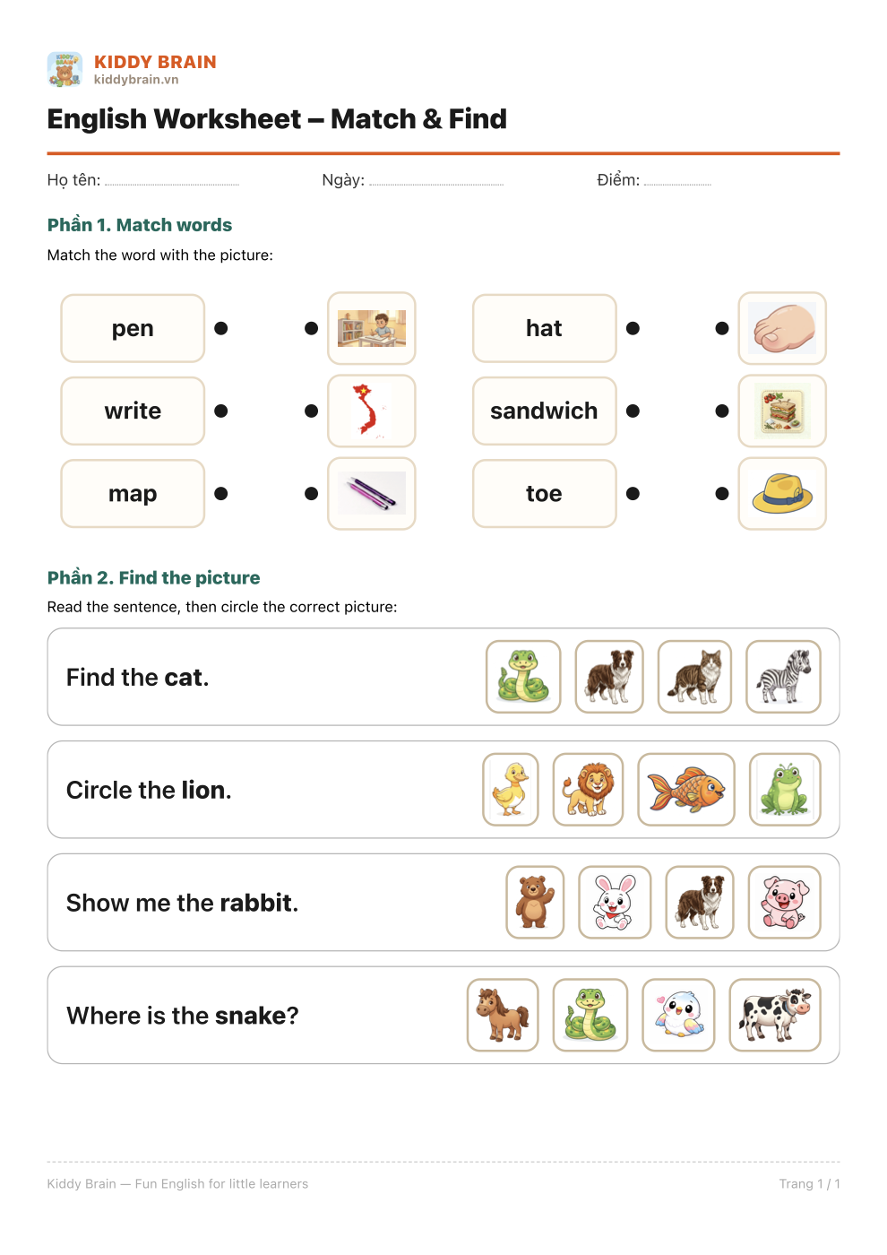 Mẫu phiếu Match words và Find picture