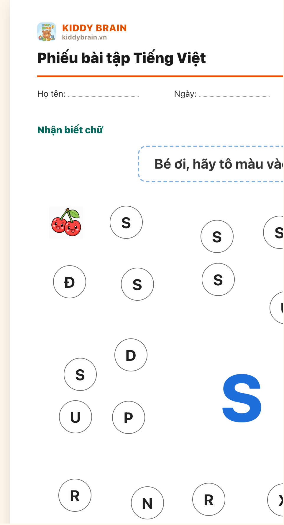 Mẫu phiếu Tiếng Việt mầm non cho bé