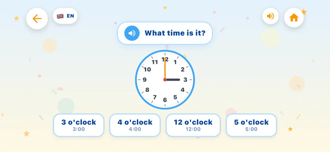Bé xem đồng hồ trên Kiddy Brain — mặt đồng hồ kim với câu hỏi What time is it?