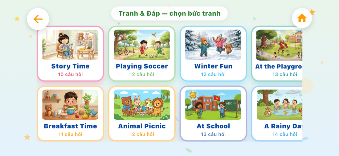 Màn chọn bức tranh (Story Time, Playing Soccer, Winter Fun…) trong trò chơi Tranh & Đáp tiếng Anh của Kiddy Brain