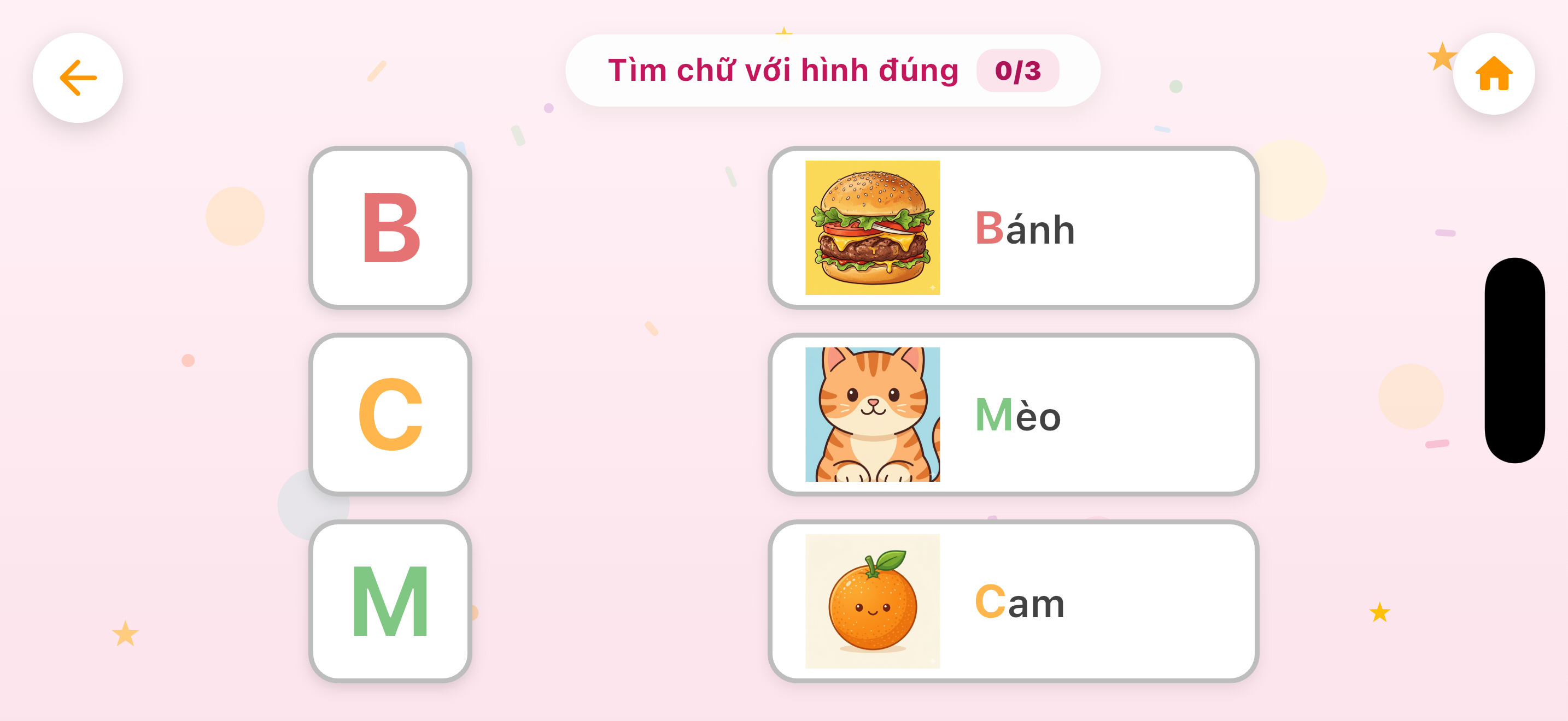 Trò chơi 'Thợ săn chữ cái' — bé ghép chữ B/C/M với hình trên iPhone